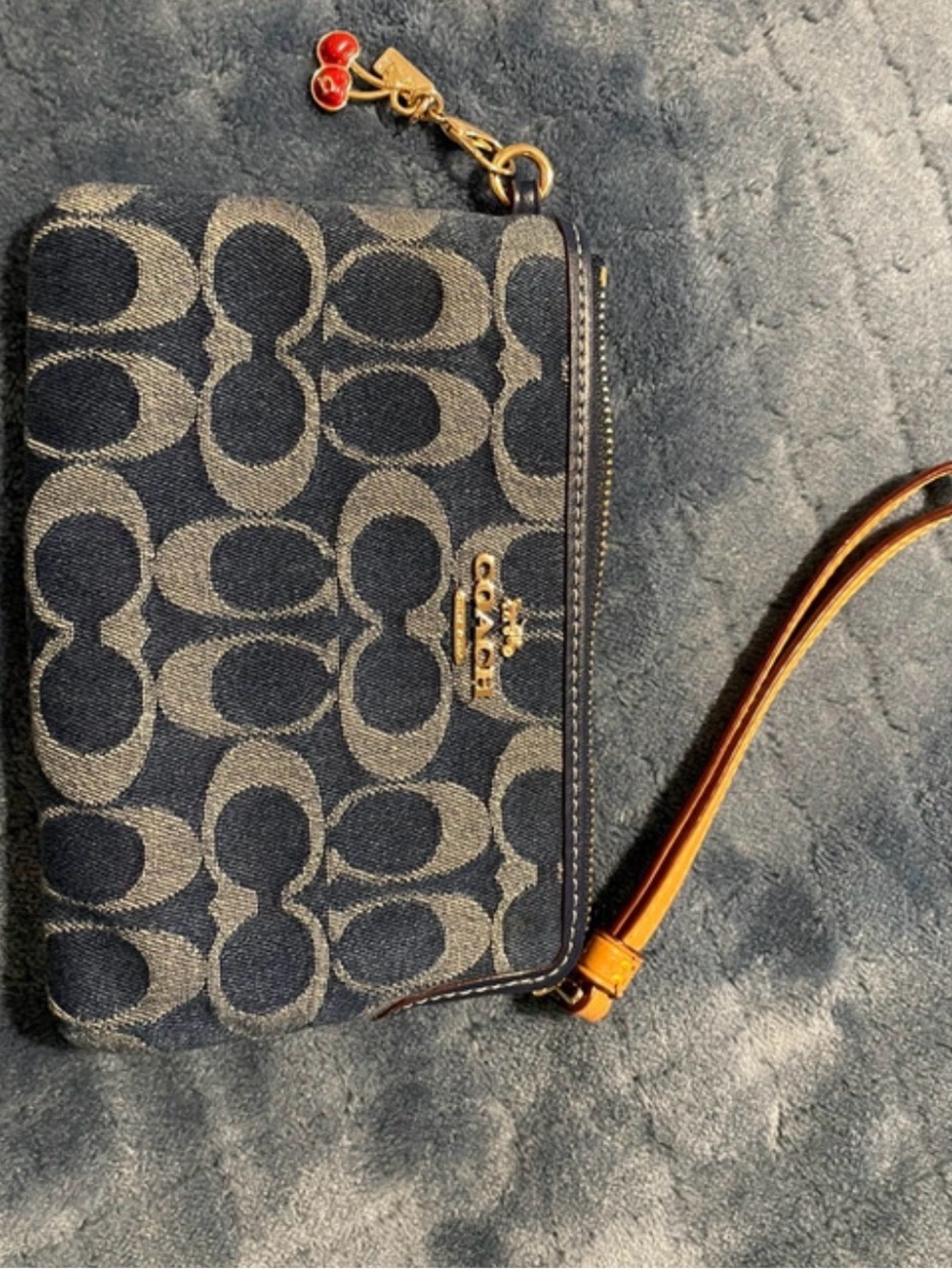 Coach Navy Signature Canvas Wristlet with Tan Leather Strap and Gold Charm